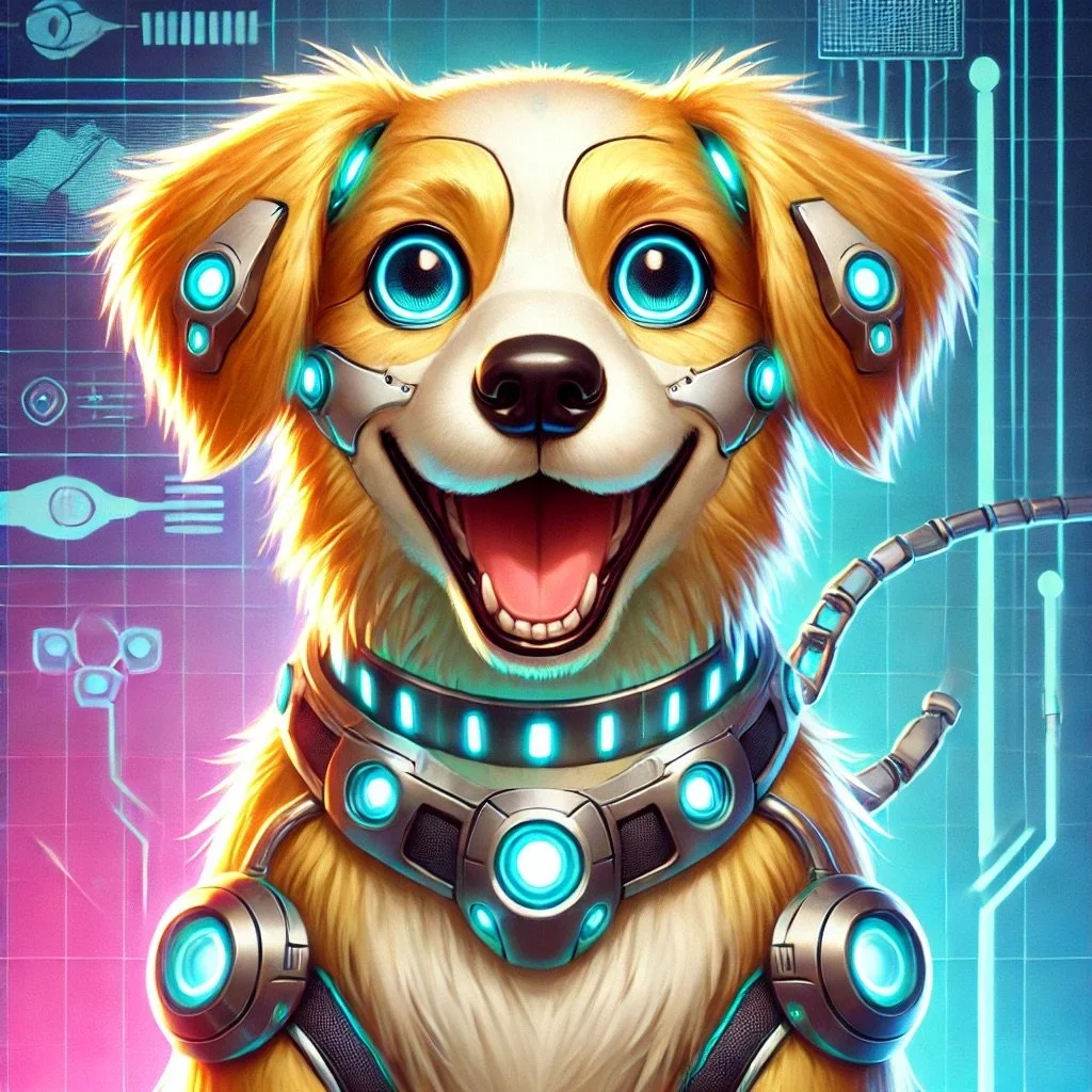 A digital illustration of a dog with robotic enhancements and glowing blue accents, set against a futuristic background with technology graphics.