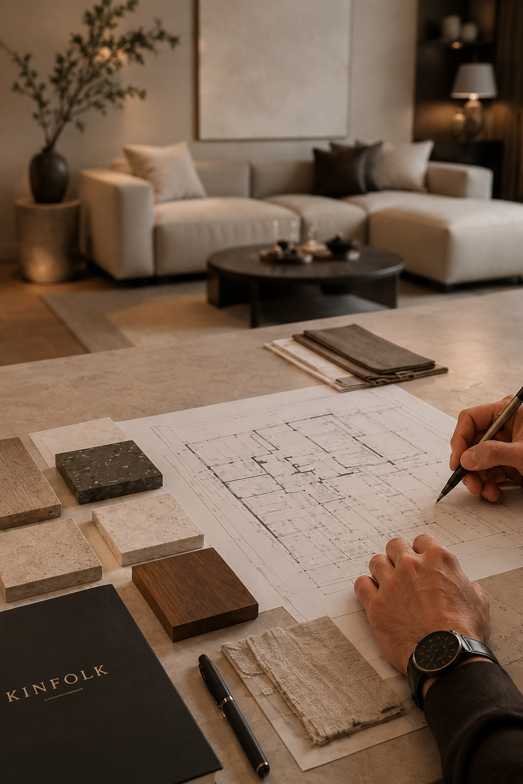 Analysephase eines Interior-Design-Projekts mit Grundriss, Materialmustern und individueller Raumplanung.