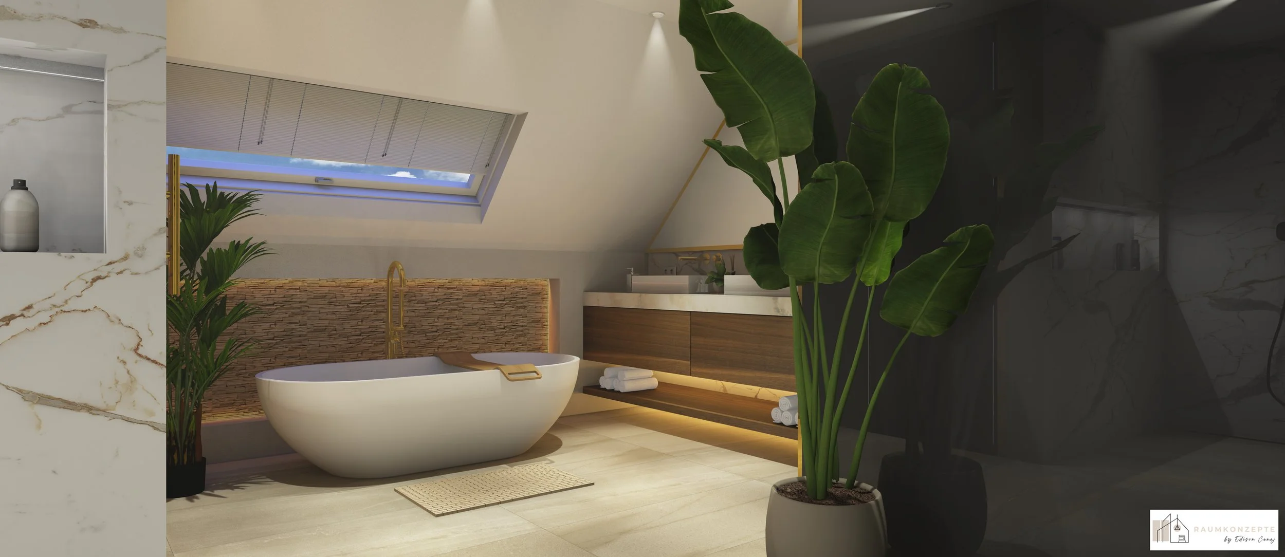 Modernes Wellnessbad mit freistehender Badewanne, maßgefertigtem Waschtisch aus Nussbaum, integrierter Sauna, Natursteinwand und indirekter LED-Beleuchtung im Projekt Private Spa Retreat.