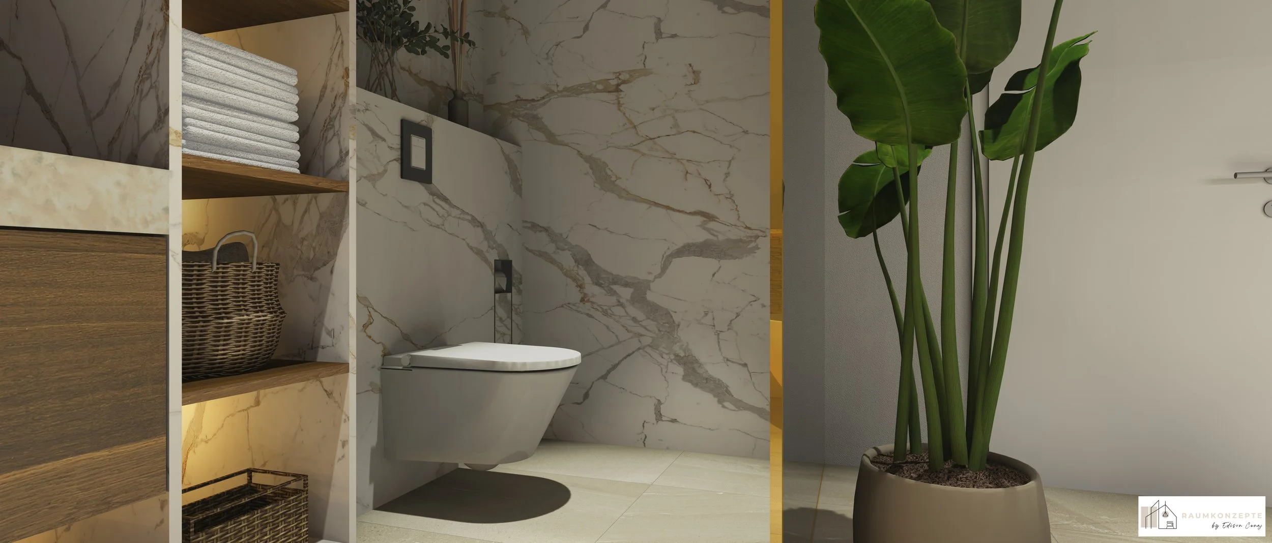 Luxuriöser WC-Bereich mit wandhängendem WC, maßgefertigten Regalen aus amerikanischem Nussbaum, Calacatta-Marmor und indirekter LED-Beleuchtung im privaten Wellnessbad.