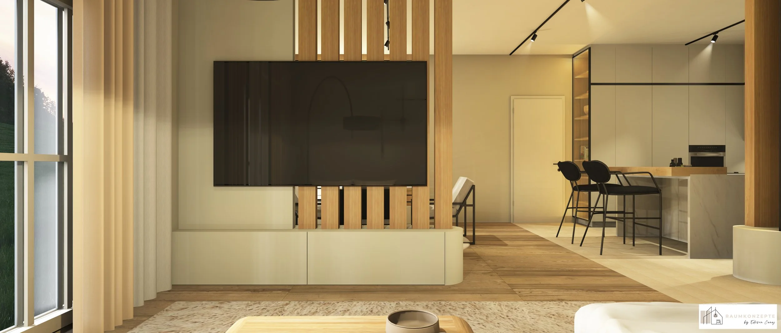 3D-Visualisierung eines modernen Wohnkonzepts mit individueller Grundrissplanung, maßgefertigter TV-Wand, Holzlamellen und offener Küche.
