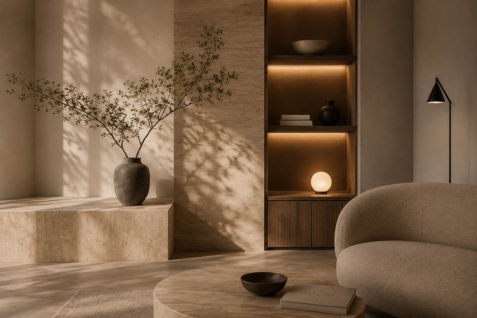 Fotorealistische Innenarchitektur eines modernen Wohnzimmers mit Naturstein, Holz, indirekter Beleuchtung und zeitloser Atmosphäre.