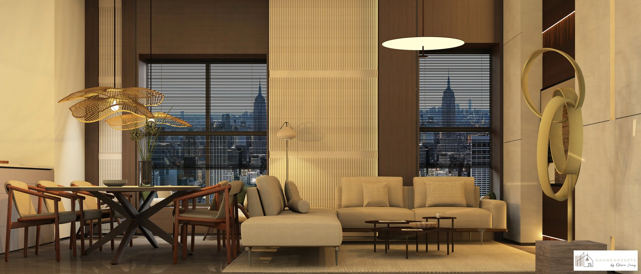 Moderner Wohnbereich mit hochwertiger Sofalandschaft, Essbereich, Designbeleuchtung, Lapacho-Holz und offener Raumgestaltung – Interior Design von Raumkonzepte by Edison Cenaj.