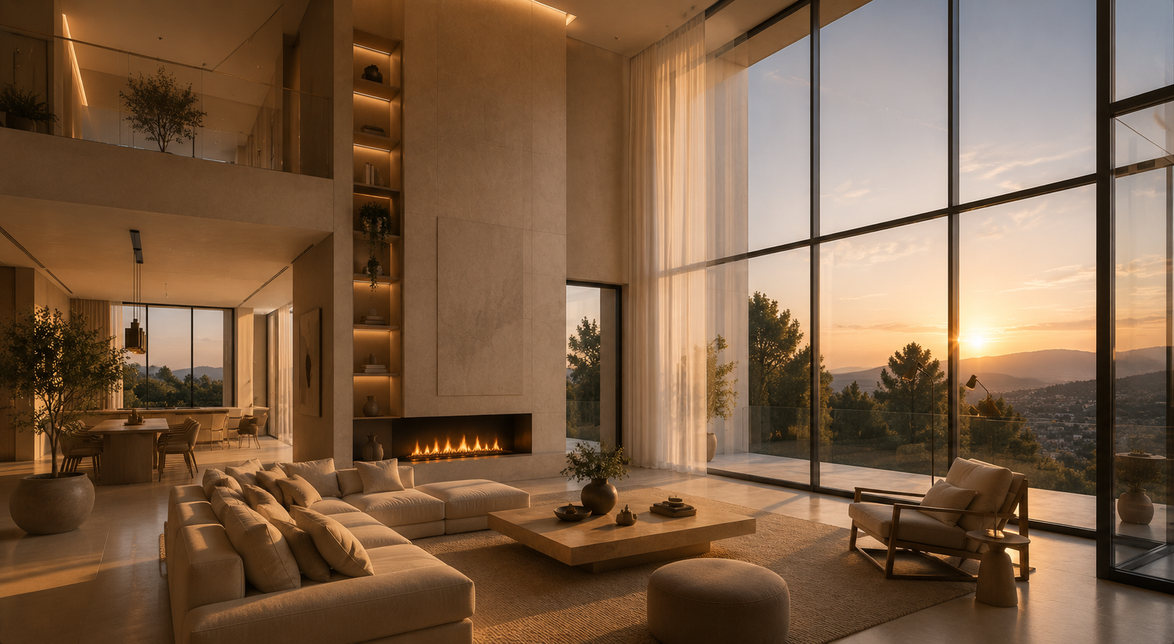 Offener, moderner Wohnraum mit großen Fensterfronten, die einen Sonnenuntergang und eine Aussicht auf die Berge zeigen. Das Wohnzimmer ist mit einem großen sofa, Sessel, Kamin, Couchtisch und Pflanzen ausgestattet.