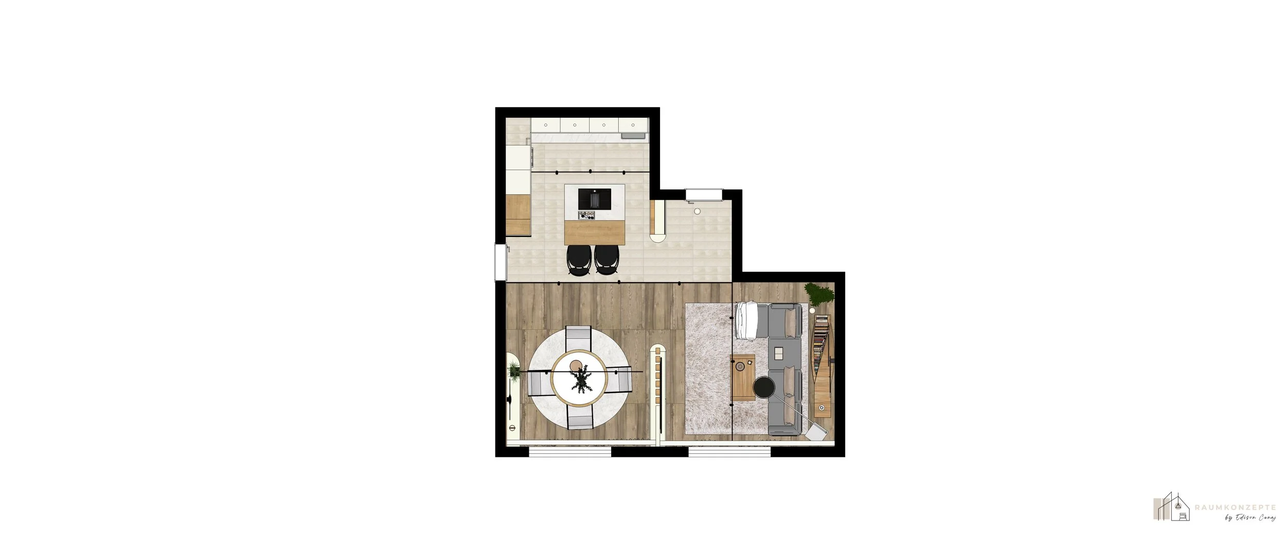3D-Grundriss eines modernen Wohnkonzepts mit offener Küche, Essbereich und Wohnbereich zur Visualisierung der individuellen Grundrissplanung.