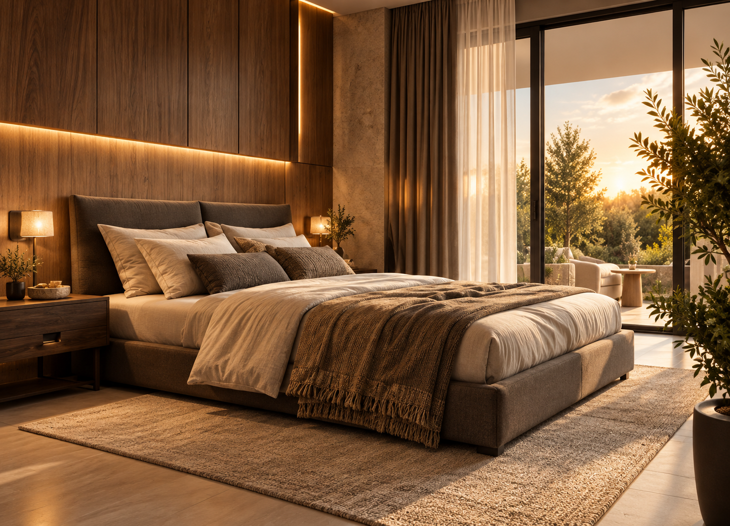 Fotorealistisches Schlafzimmer mit Nussbaum-Wandverkleidung, gepolstertem Bett, warmem LED-Licht und bodentiefen Fenstern.