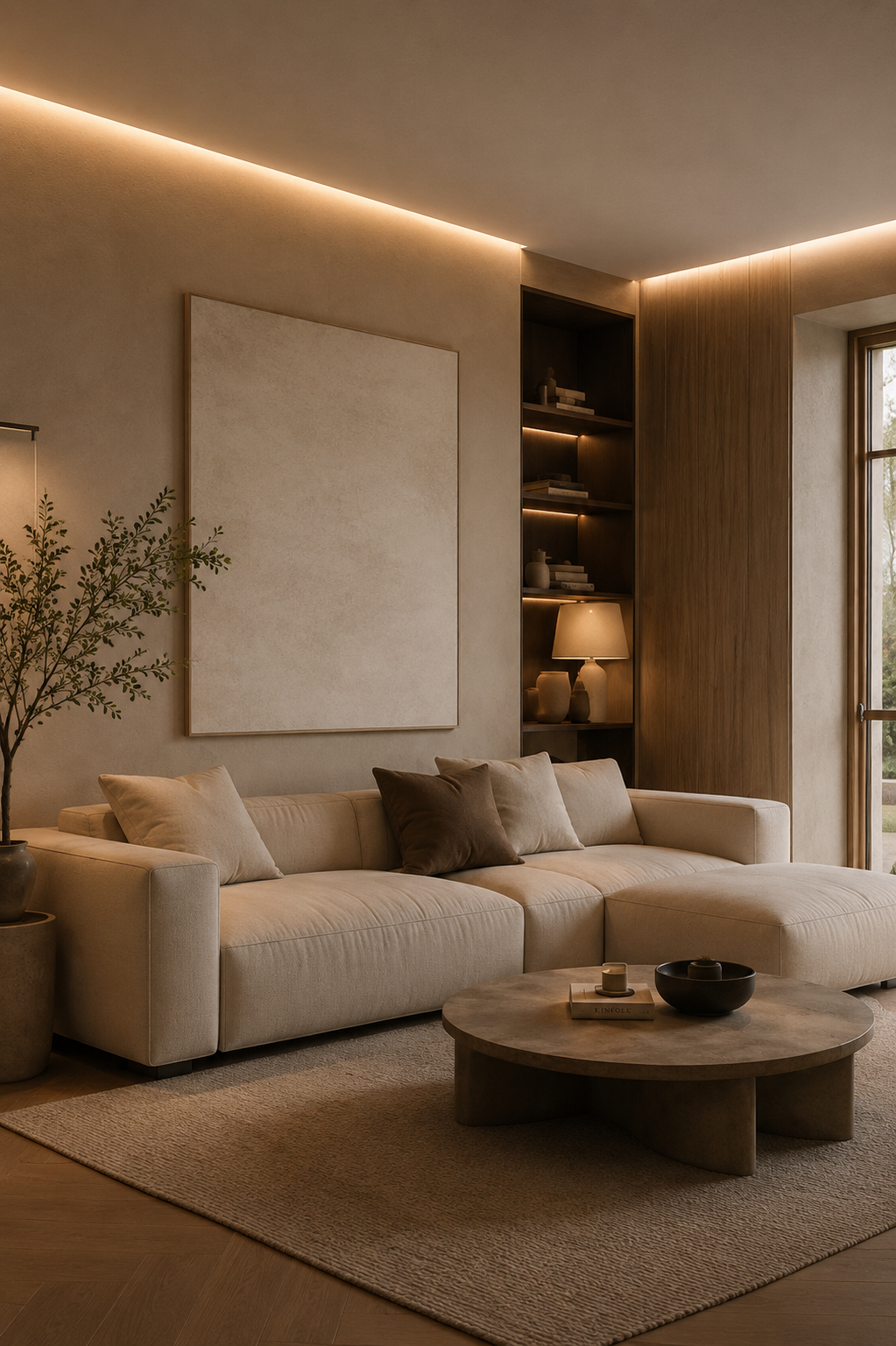 Modernes Wohnzimmer mit indirekter Beleuchtung und warmem Lichtkonzept für eine ruhige und hochwertige Wohnatmosphäre.