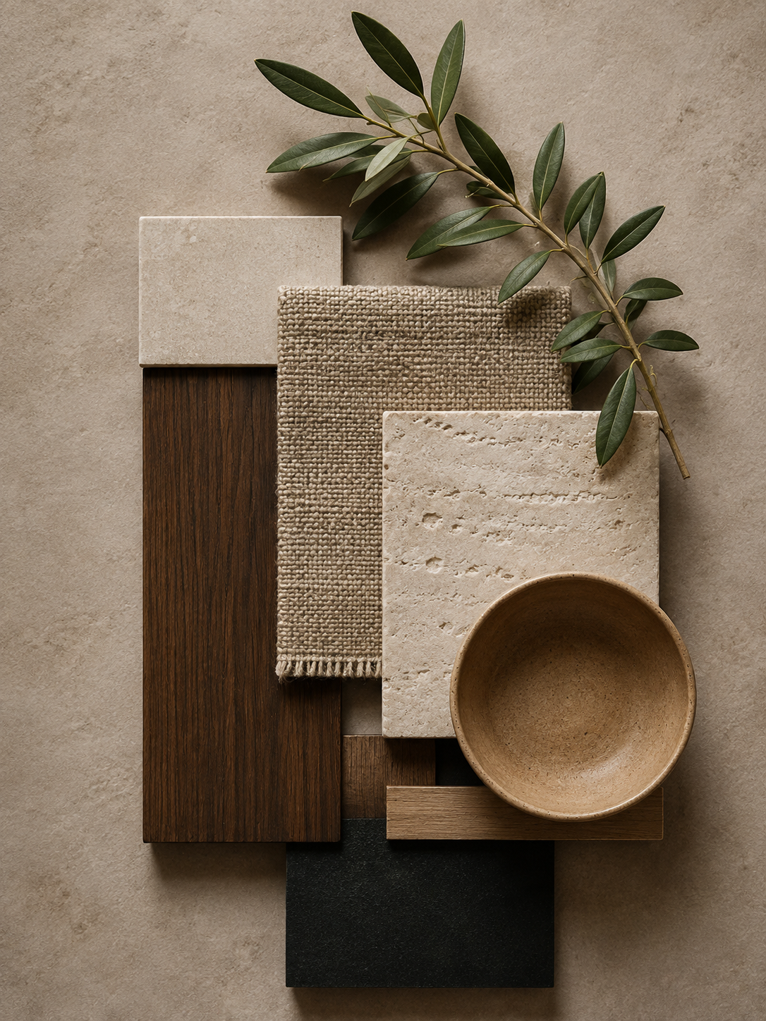 Materialkonzept mit Travertin, Eiche, Leinen und Naturmaterialien für ein modernes, minimalistisches Interior Design.