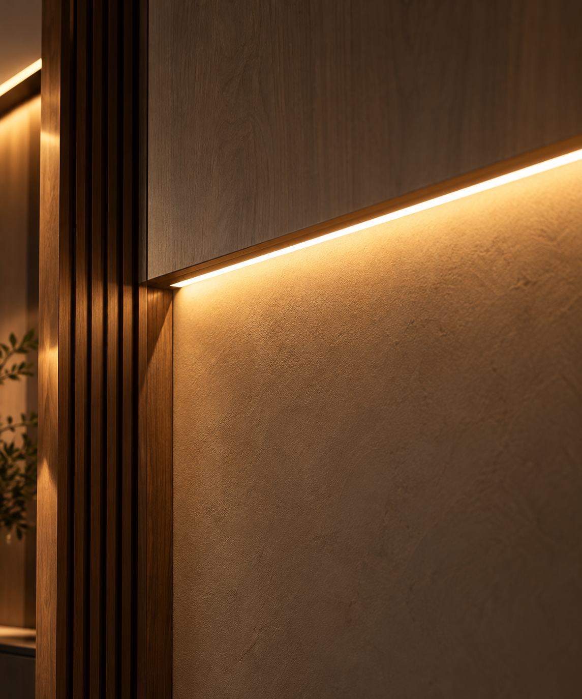 Detailvisualisierung einer warmen indirekten LED-Beleuchtung an einer Holzverkleidung mit strukturierter Wandoberfläche.