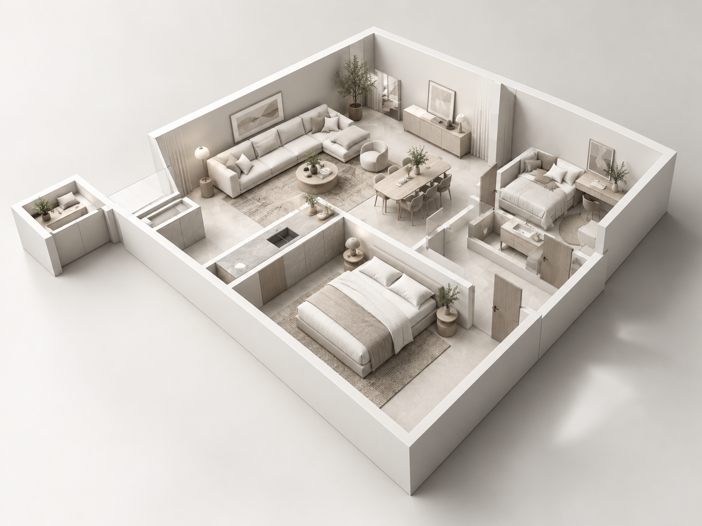 Isometrisches 3D-Raummodell einer Wohnung mit geplanter Möblierung und Raumaufteilung in hellen Naturtönen.