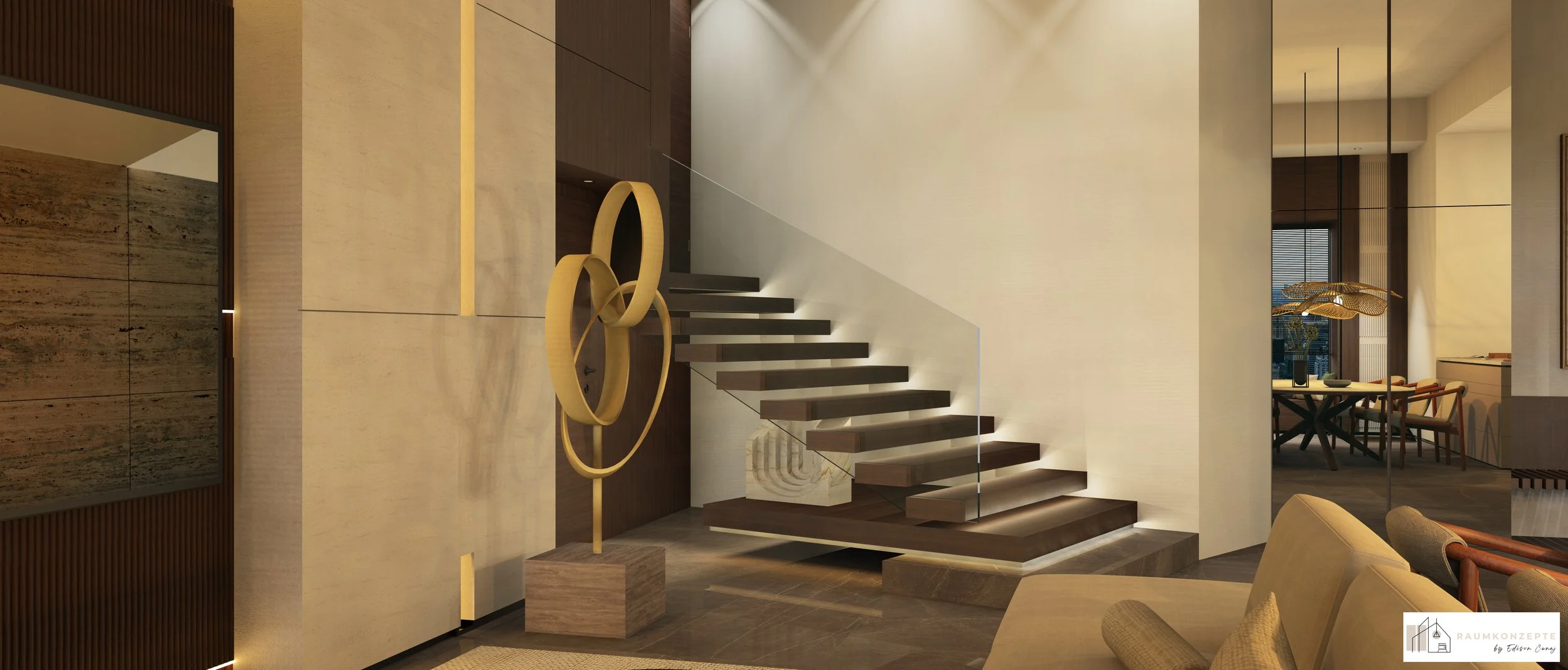 Schwebende Holztreppe mit Glasgeländer, Designer-Skulptur, indirekter LED-Beleuchtung und hochwertiger moderner Innenarchitektur von Raumkonzepte by Edison Cenaj.