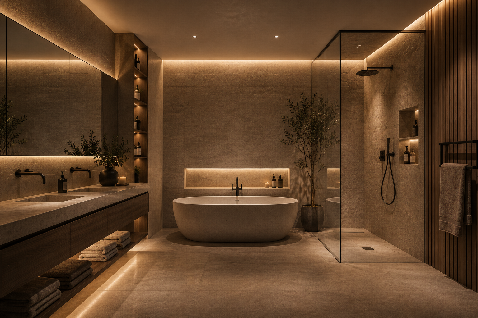 Modernes Badezimmer mit Badewanne, Dusche, Holz- und Stein-Design, gedämpftem Licht, Pflanzen und Kerzen