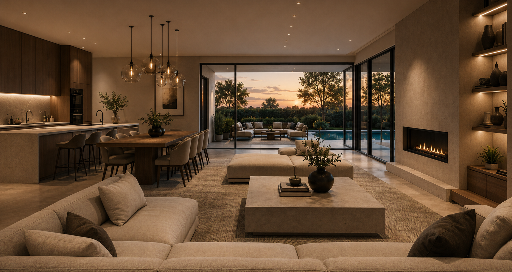 Offener Wohnbereich mit Sofa, Couchtisch, Kamin und Blick auf eine Terrasse mit Garten und Pool bei Sonnenuntergang.