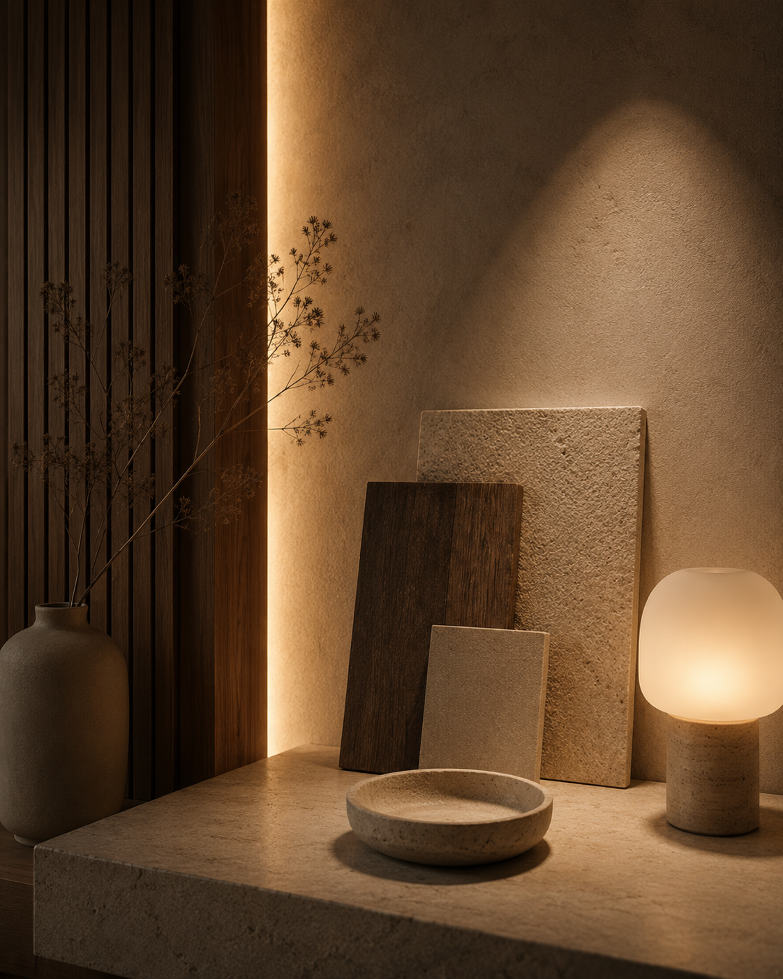 Material- und Lichtkonzept mit Naturstein, Holz, dekorativer Beleuchtung und warmen Farbtönen für moderne Innenarchitektur.