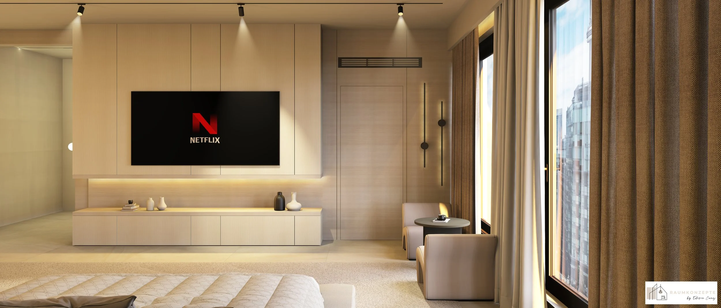 Minimalistische TV-Wand mit indirekter Beleuchtung, Naturholz und modernen Einbaumöbeln.