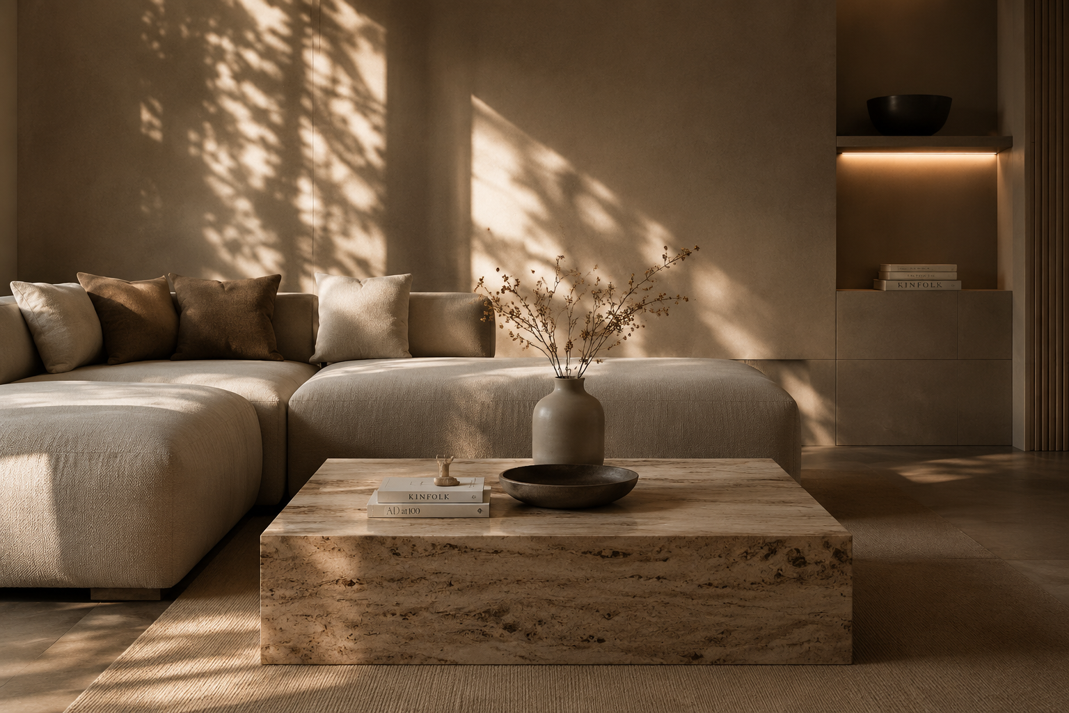 Ein minimalistischer, sonnendurchfluteter Wohnraum mit einem großen, cremefarbenen Sofa, einem Holztablett mit Büchern und einer Vase mit Zweigen, sowie einer eingebauten Regalwand im Hintergrund.