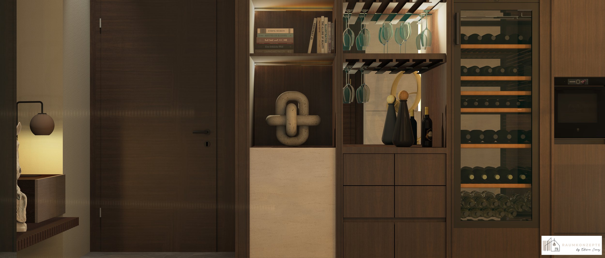 Maßgefertigtes Einbaumöbel mit integriertem Weinregal, Lapacho-Holz, Travertin und Designbeleuchtung – Interior Design von Raumkonzepte by Edison Cenaj.