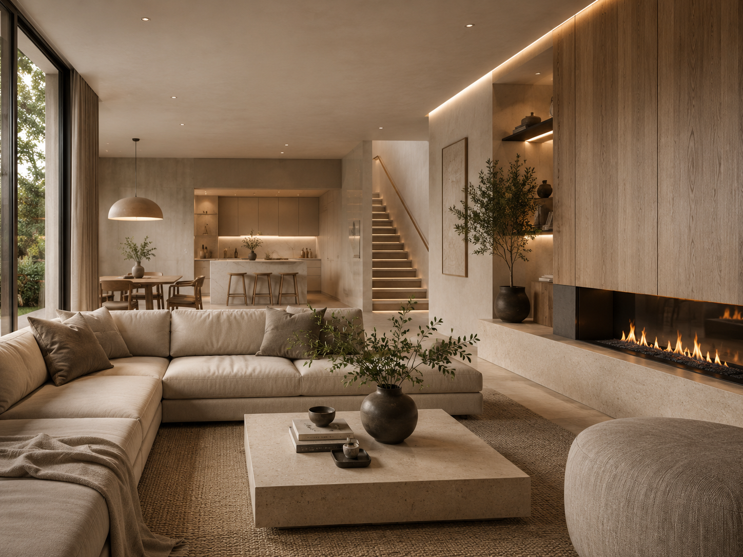 Moderne, minimalistische Wohnzimmer mit heller Couch, Kamin, Holzwand, Pflanzen, Steintisch und offener Küche im Hintergrund.