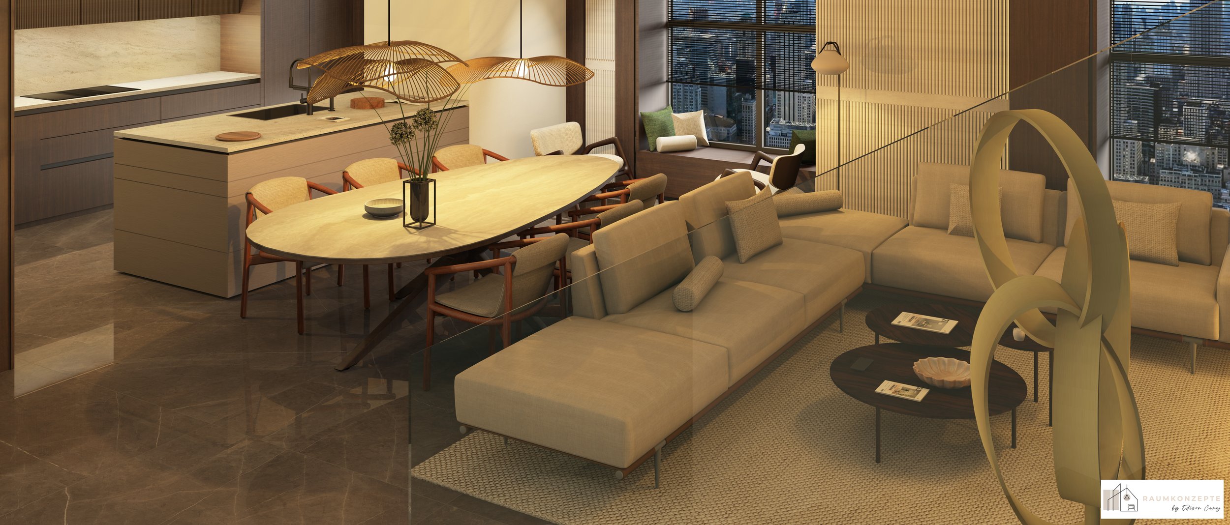 Offener Wohn- und Essbereich mit Travertin-Esstisch, Design-Pendelleuchten, maßgefertigter Küche, Lapacho-Holz und hochwertiger Sofalandschaft – Interior Design von Raumkonzepte by Edison Cenaj.