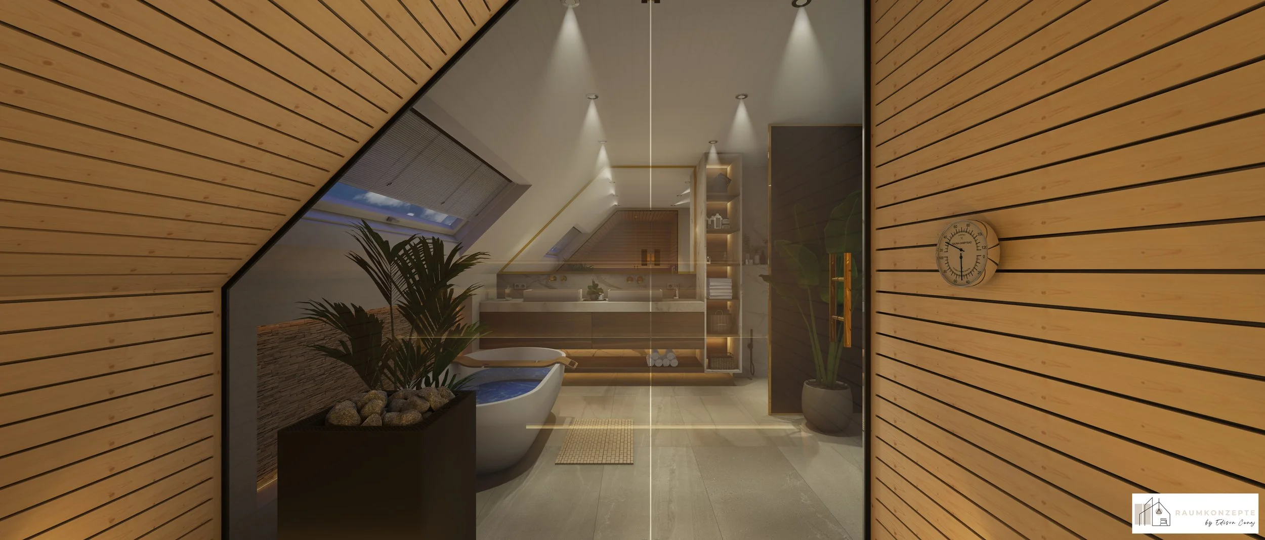 Modernes Wellnessbad im Dachgeschoss mit integrierter Sauna, freistehender Badewanne, Naturstein, Nussbaum und indirekter LED-Beleuchtung.