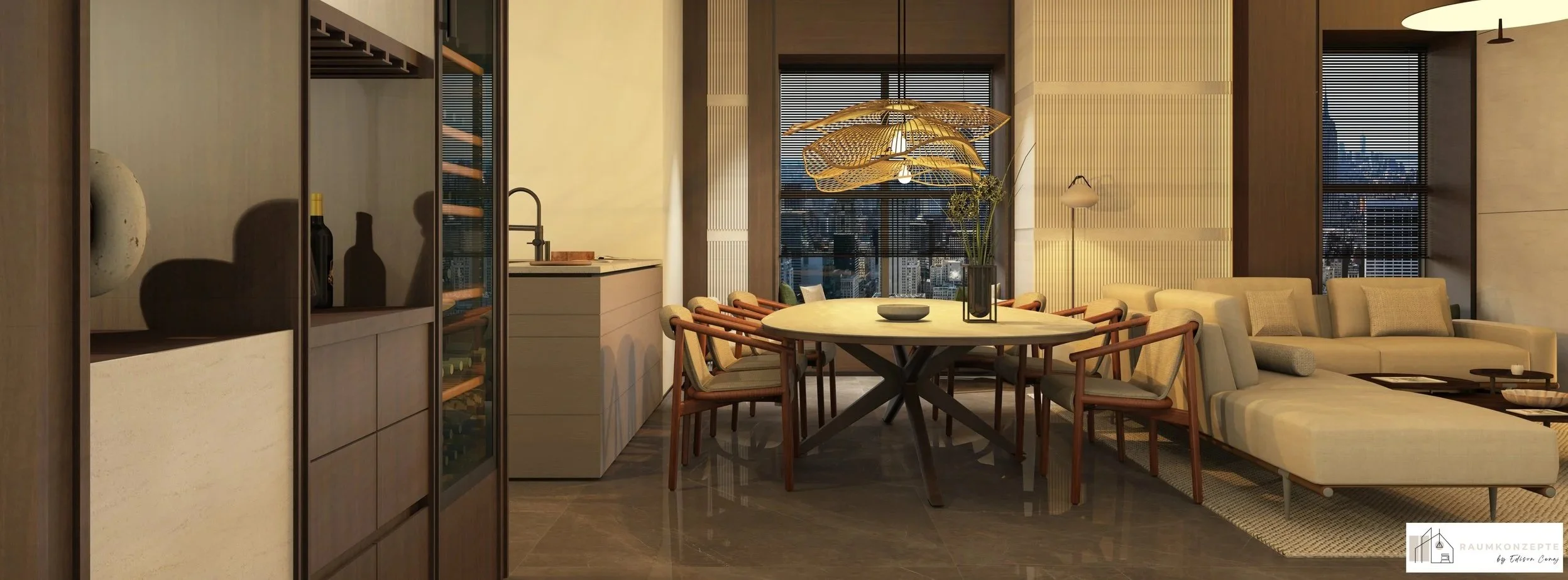 Moderner Essbereich mit rundem Esstisch, Design-Pendelleuchte, Lapacho-Holz, Travertin und offener Wohnküche – Interior Design von Raumkonzepte by Edison Cenaj.