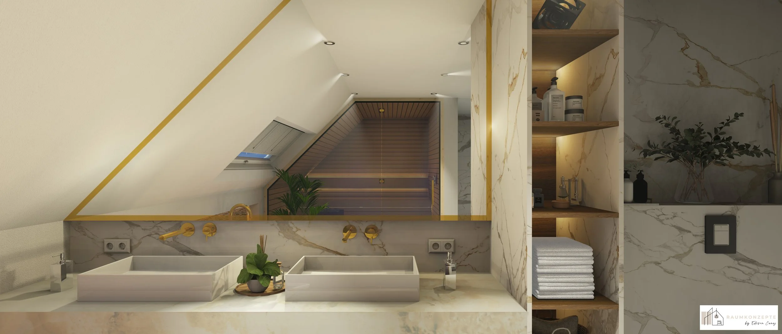 Doppelwaschtisch aus Calacatta-Marmor mit Nussbaummöbeln, gebürsteten Goldarmaturen und integrierter Stauraumlösung im Projekt Private Spa Retreat.