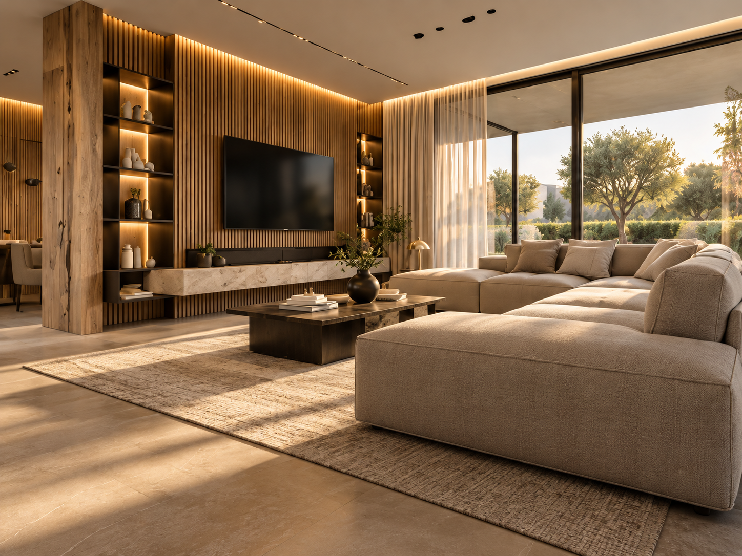 Fotorealistische 3D-Visualisierung eines modernen Wohnzimmers mit Holzlamellen, Naturstein-TV-Wand, beiger Sofalandschaft und warmem Tageslicht.