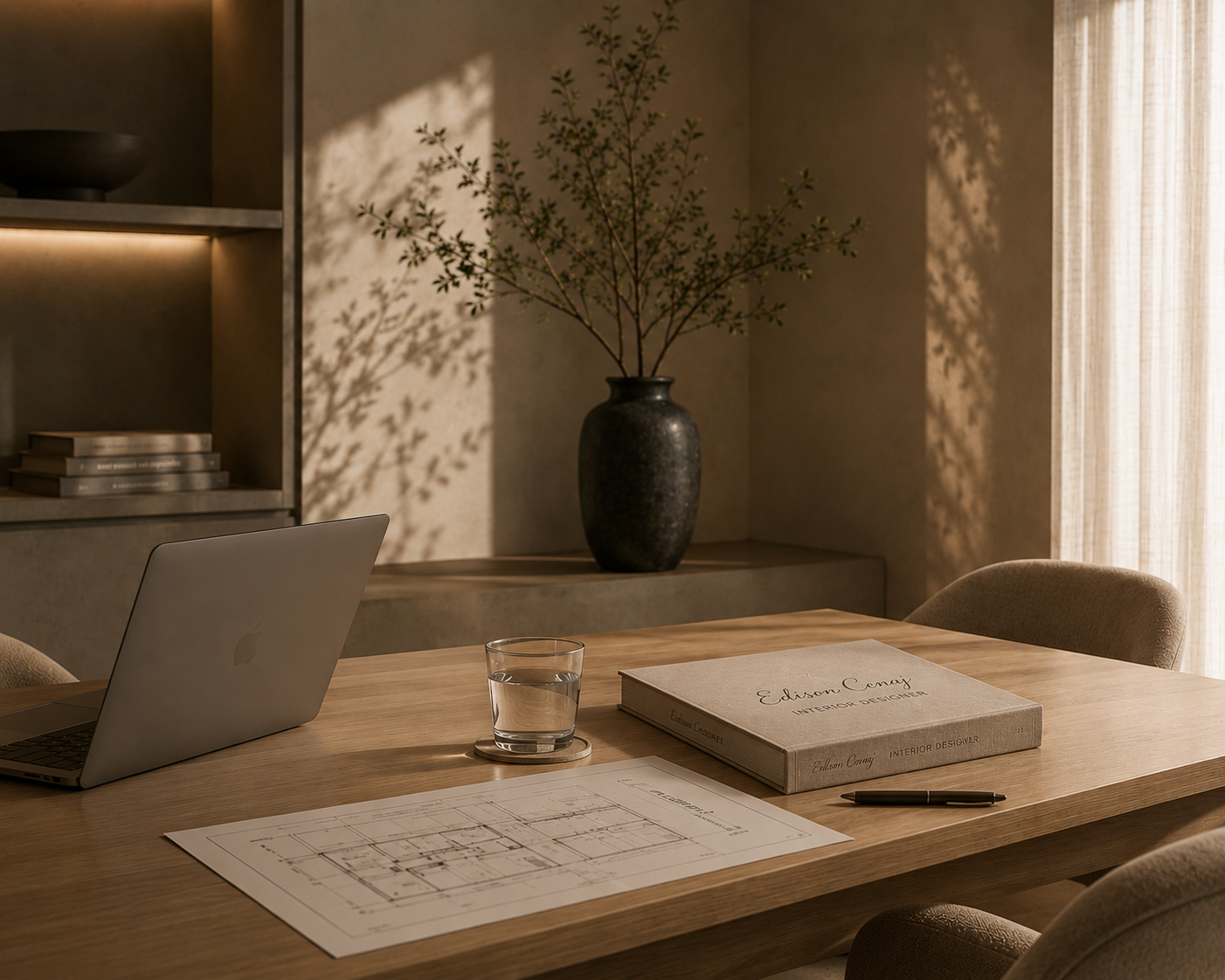 Arbeitsplatz eines Innenarchitekten mit Grundriss, Materialmustern und Designkonzept.