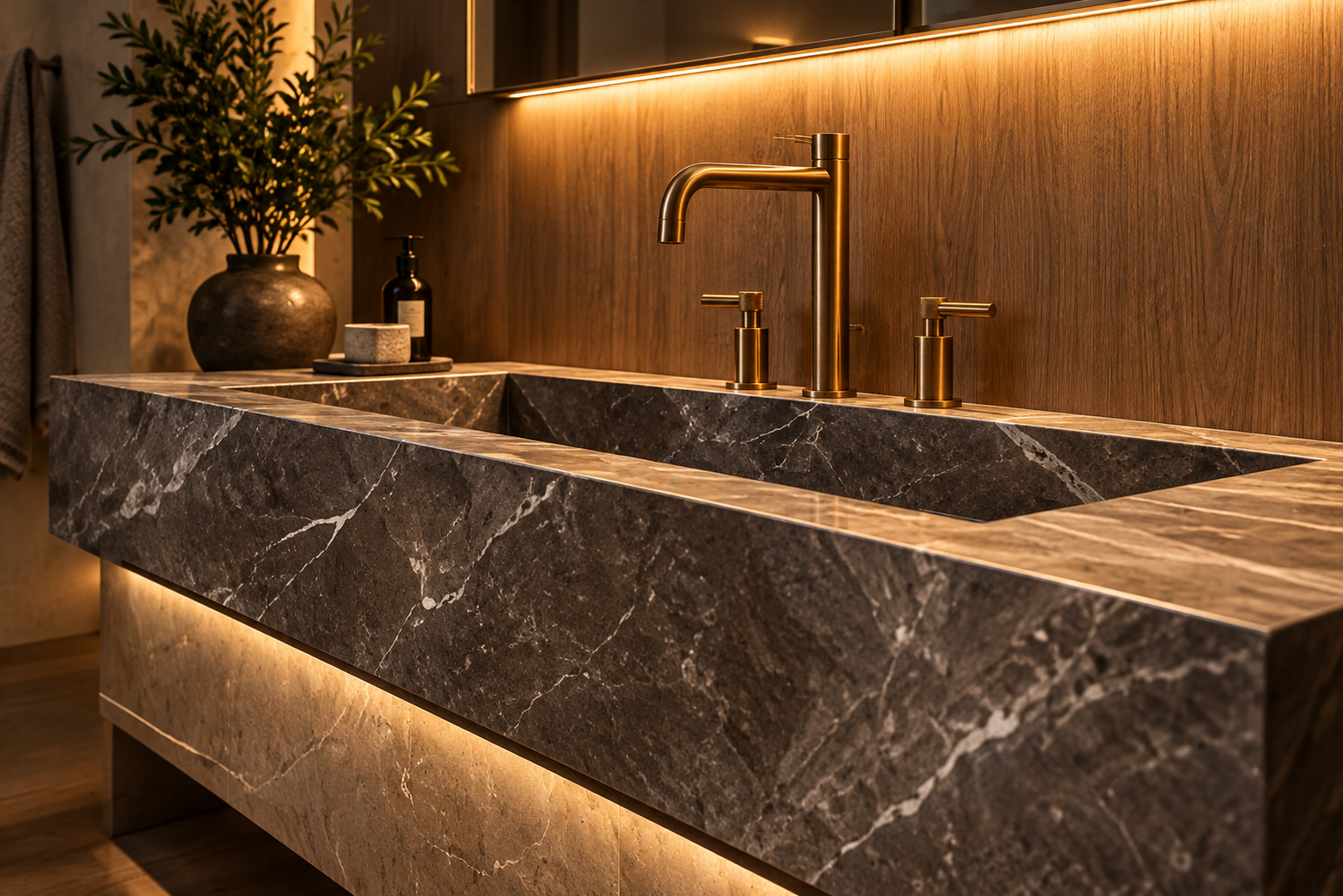 Fotorealistische Detailvisualisierung eines luxuriösen Natursteinwaschbeckens mit gebürsteten Messingarmaturen, Holzverkleidung und indirektem LED-Licht.