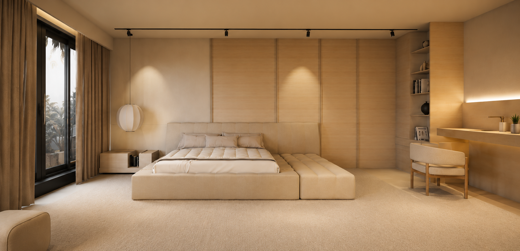 Modernes Schlafzimmer mit warmem Material- und Lichtkonzept, Naturholz, indirekter Beleuchtung und maßgefertigten Einbaumöbeln – Interior Design von Raumkonzepte by Edison Cenaj.