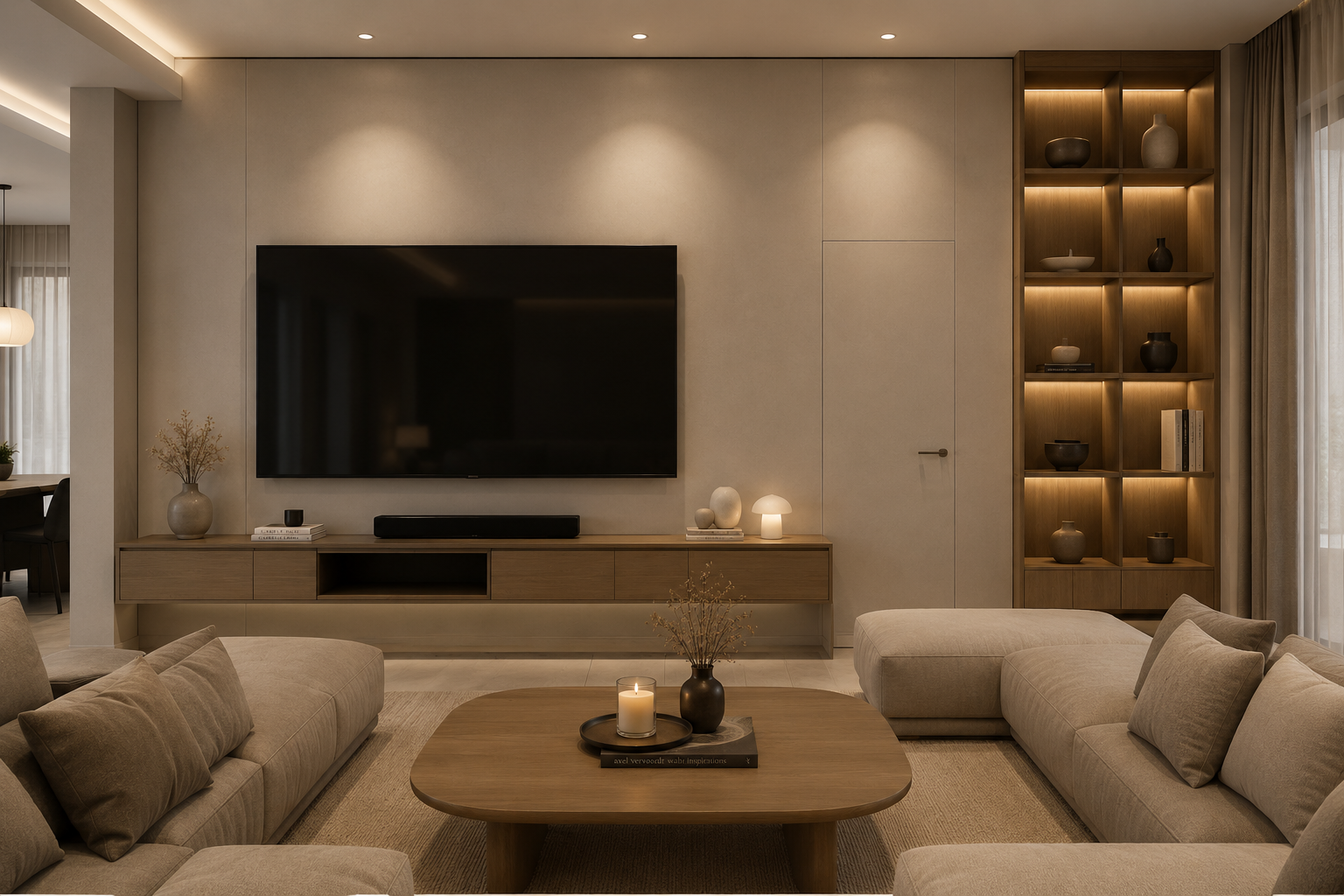 Eleganter Wohnbereich mit TV-Wand, maßgefertigten Möbeln, indirekter LED-Beleuchtung und zeitloser Innenarchitektur.