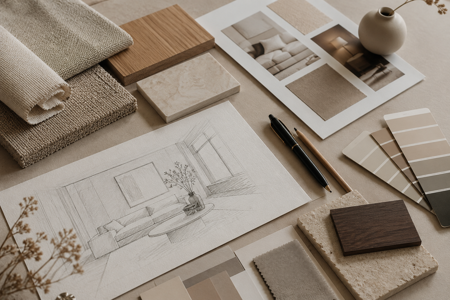Materialboard mit Stoffmustern, Holz, Naturstein und Interior-Design-Skizze für ein modernes Raumkonzept.