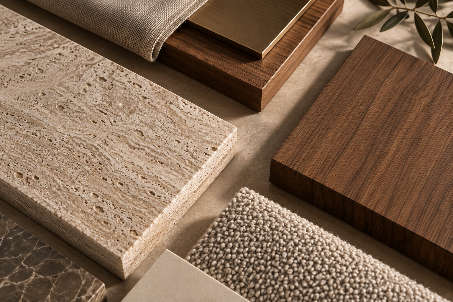 Materialstudie mit Travertin, dunklem Holz, strukturierten Stoffen und natürlichen Oberflächen für ein harmonisches Interior-Design-Konzept.