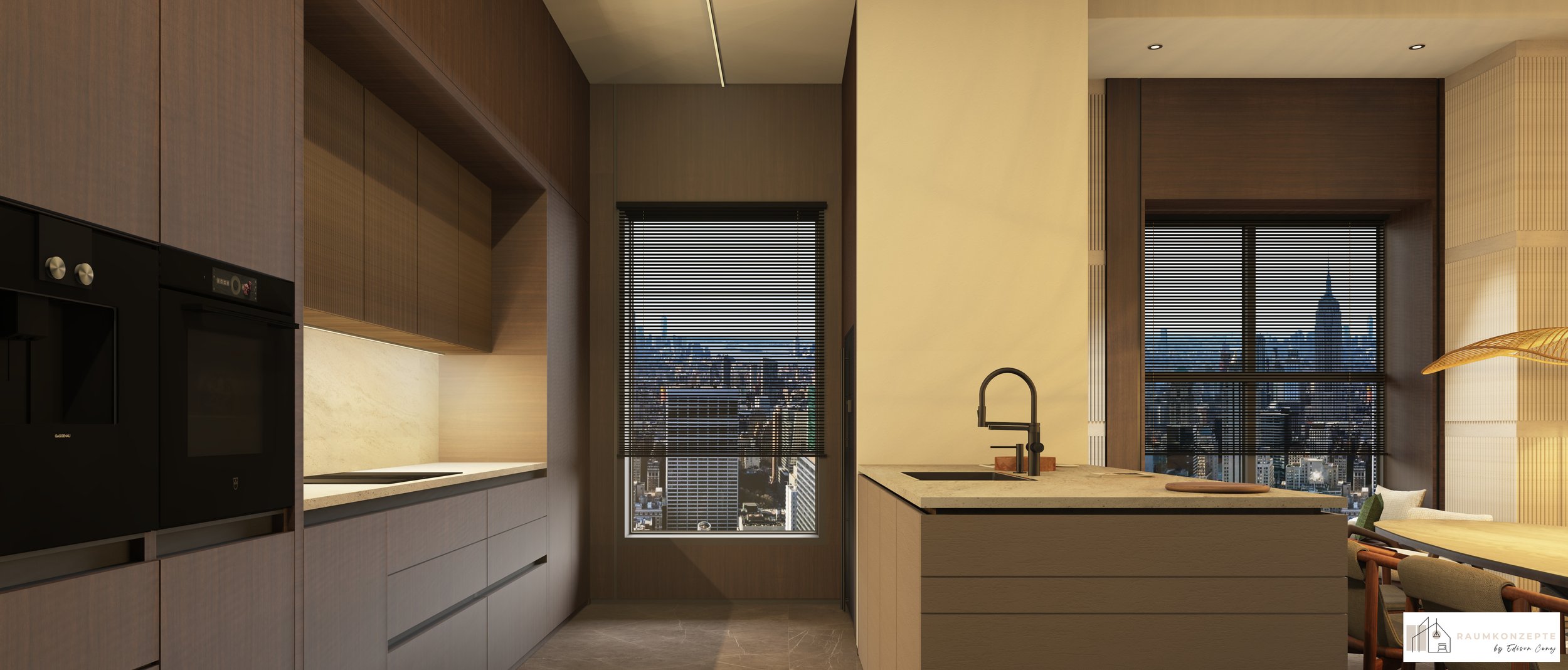 Moderne Küchenperspektive mit Travertin-Kücheninsel, Lapacho-Holz, maßgefertigten Einbaumöbeln und großzügiger Fensterfront – Interior Design von Raumkonzepte by Edison Cenaj.