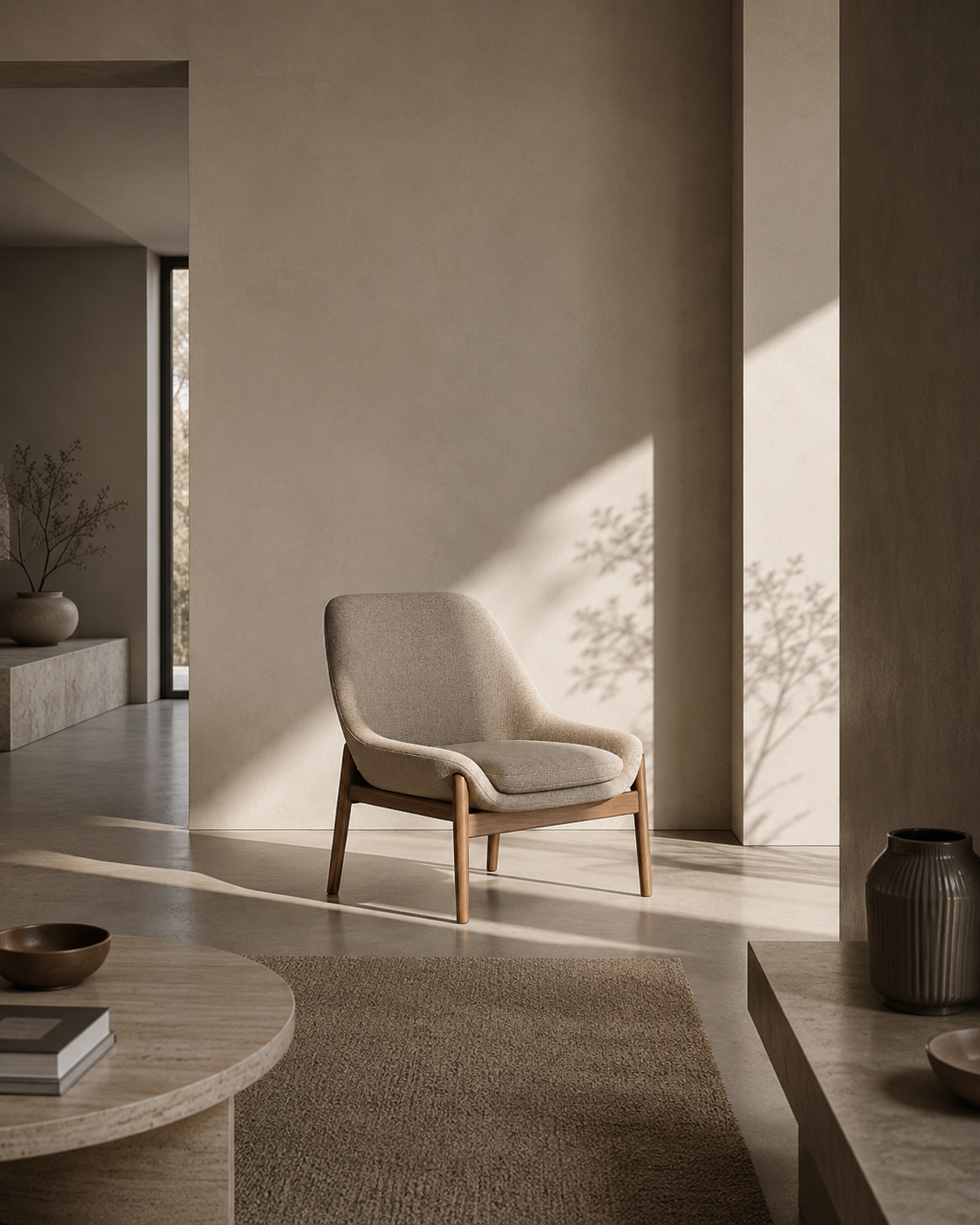 Fotorealistische 3D-Visualisierung eines modernen Wohnzimmers mit warmem Licht, Sessel und minimalistischer Innenarchitektur.