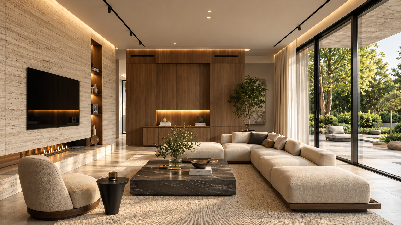 Modernes Wohnzimmer mit großzügigen Glasfronten, Travertinwand, Nussbaumholz und beigem Sofa. Natürliches Tageslicht betont die Materialien und die offene Raumgestaltung.