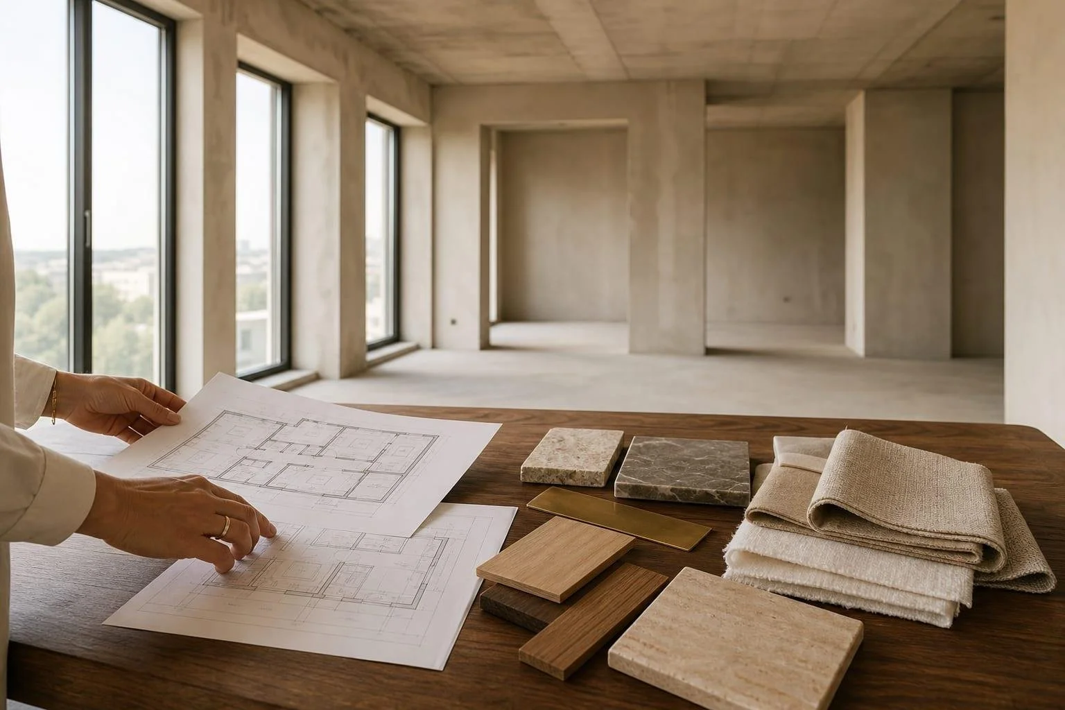 Heller Innenraum mit großen Fenstern, Architekturplänen und Materialmustern aus Holz, Naturstein und Textilien für die professionelle Raumanalyse.