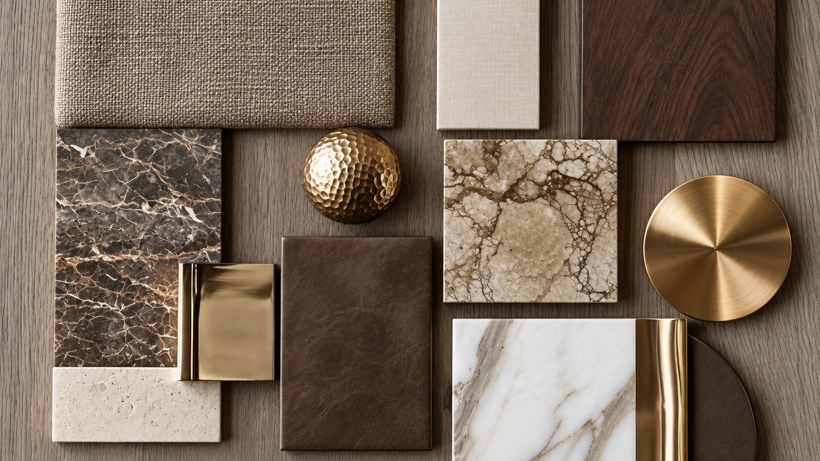 Hochwertiges Interior-Design-Moodboard mit Naturstein, dunklem Nussbaumholz, strukturierten Stoffen und Messingakzenten in harmonischen Naturtönen.