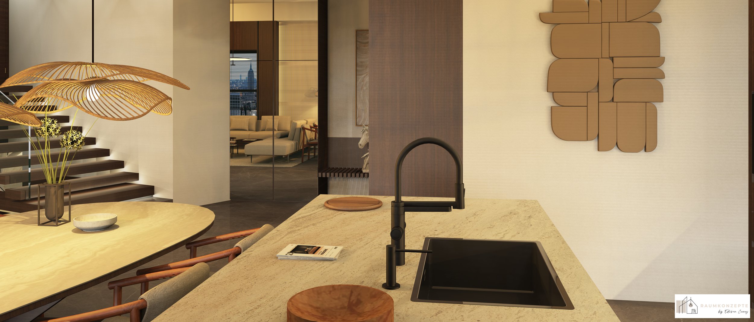 Detailansicht einer maßgefertigten Kücheninsel aus Travertin mit schwarzer Armatur, Design-Pendelleuchte, Lapacho-Holz und moderner Innenarchitektur – Interior Design von Raumkonzepte by Edison Cenaj.