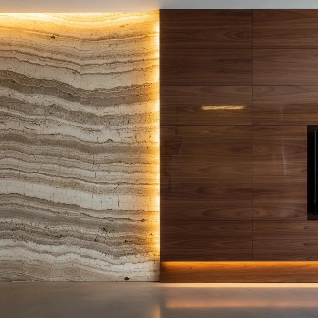Moderne Wandgestaltung mit strukturiertem Naturstein, dunklem Holz und warmen indirekten LED-Lichtlinien zur Betonung von Materialien und Architektur.