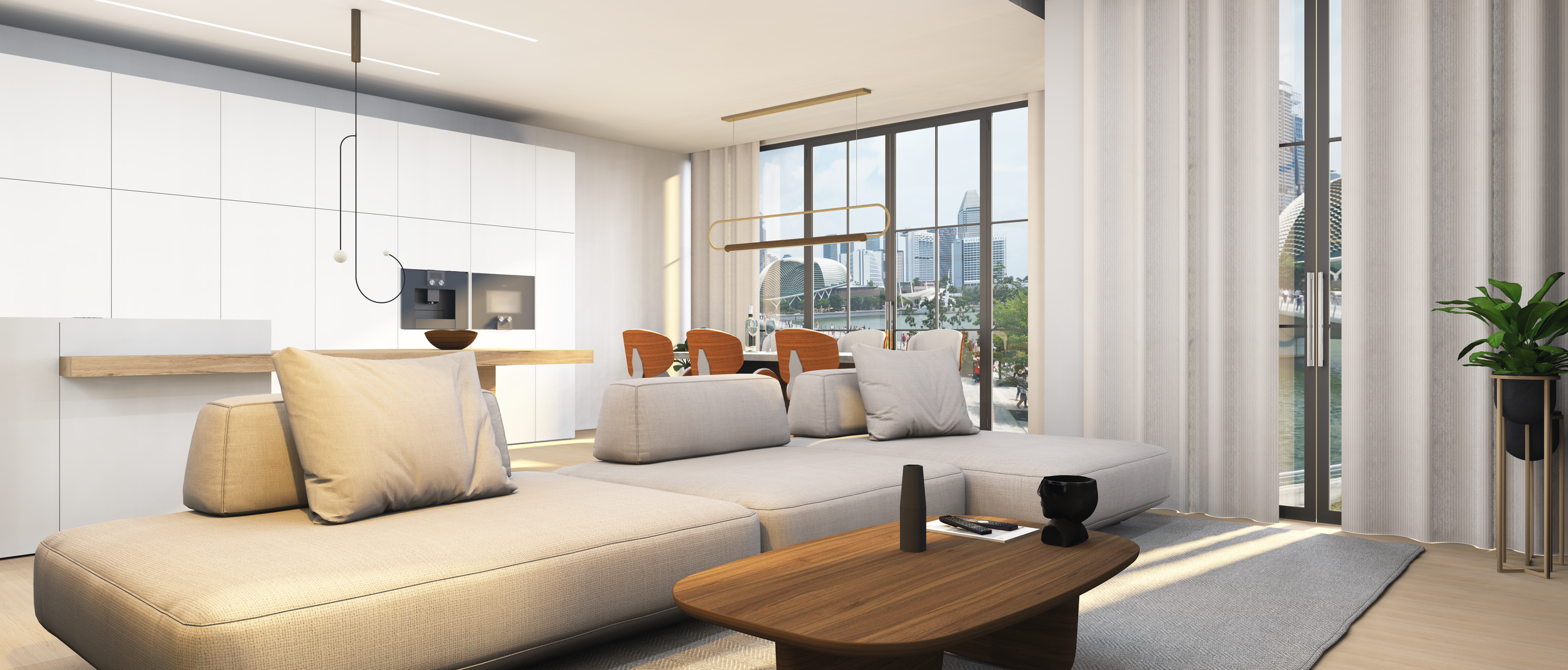 Modernes Wohnkonzept mit offener Küche, Essbereich und großzügigem Wohnzimmer als photorealistische 3D-Visualisierung.
