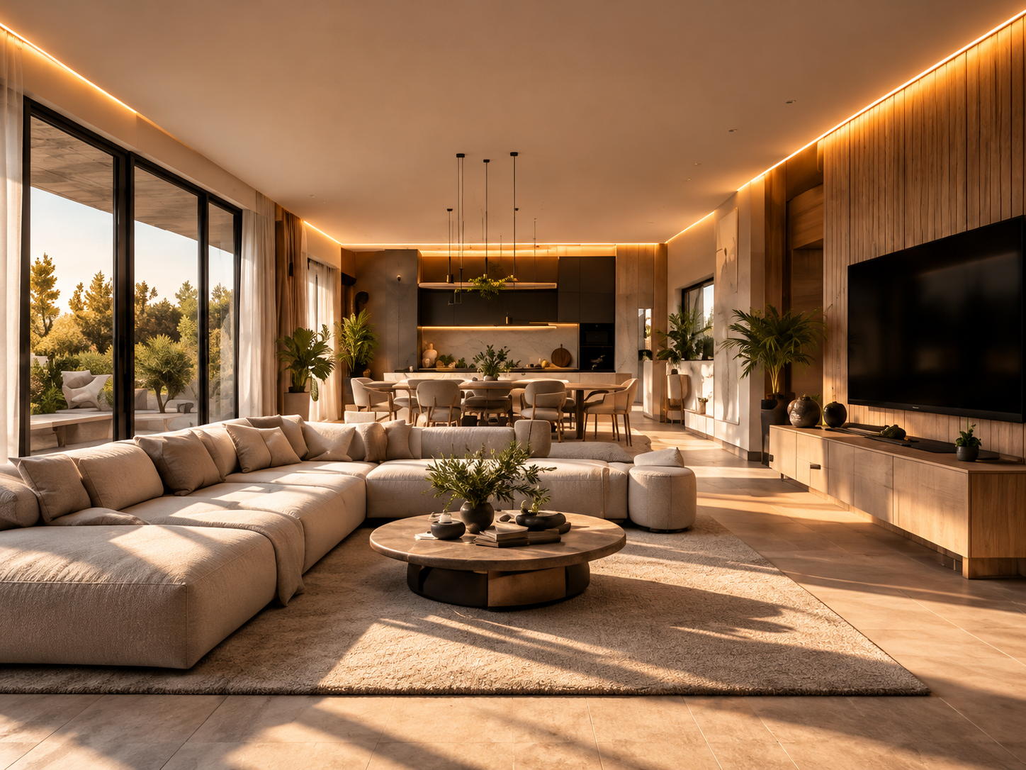 Fotorealistisches Interior-Rendering eines modernen Wohnraums mit indirekter LED-Beleuchtung, warmem Tageslicht, Naturstein und Holzoberflächen.