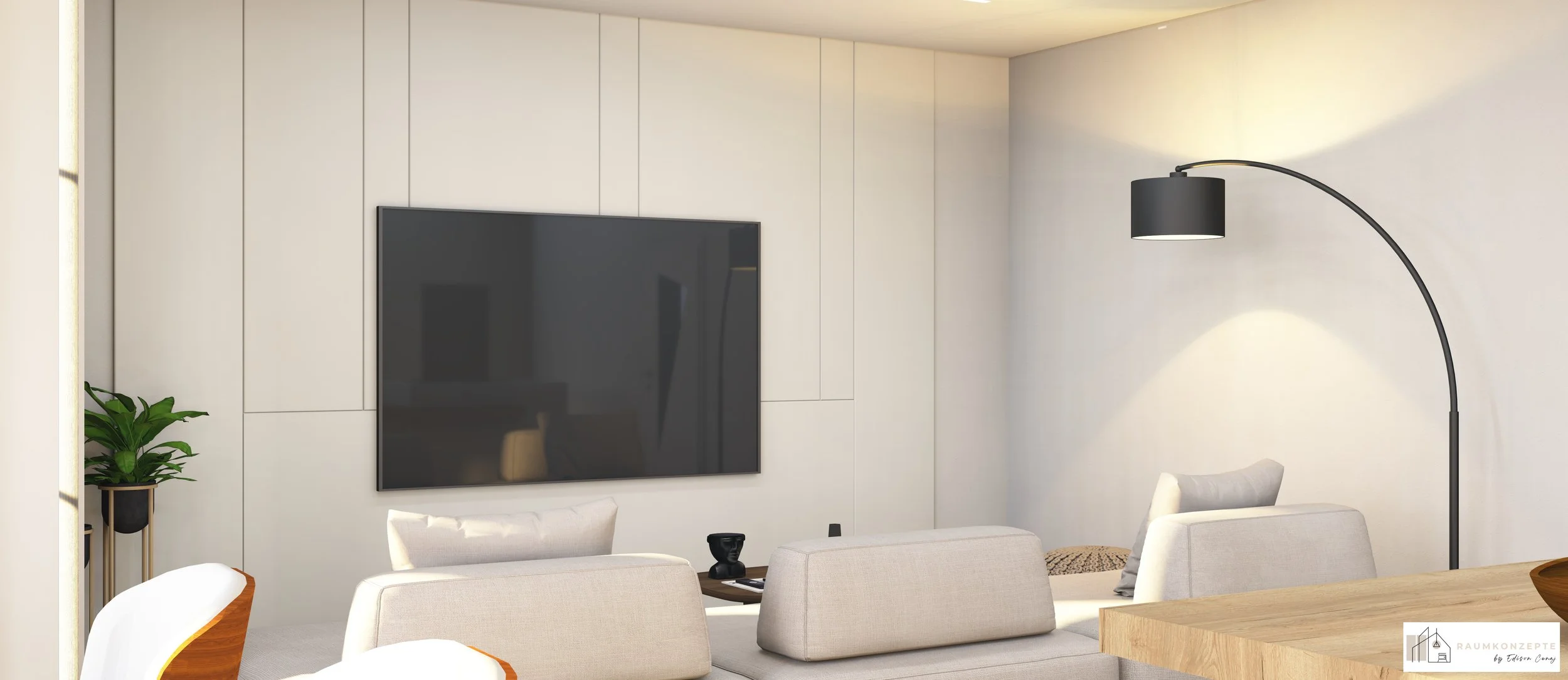 Photorealistische 3D-Visualisierung eines modernen Wohnbereichs mit maßgefertigter TV-Wand, indirekter Beleuchtung und hochwertigem Interior Design.