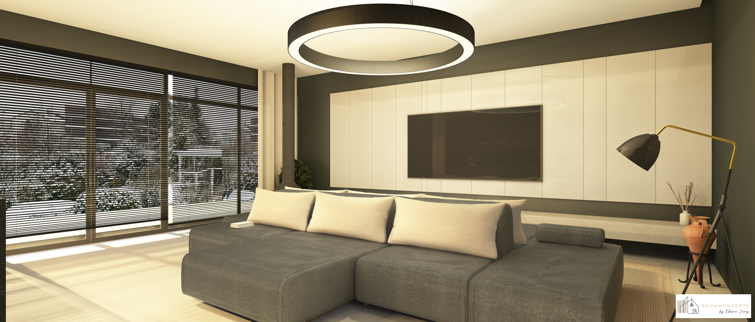 Photorealistische 3D-Visualisierung eines modernen Wohnzimmers mit harmonischem Licht- und Materialkonzept.