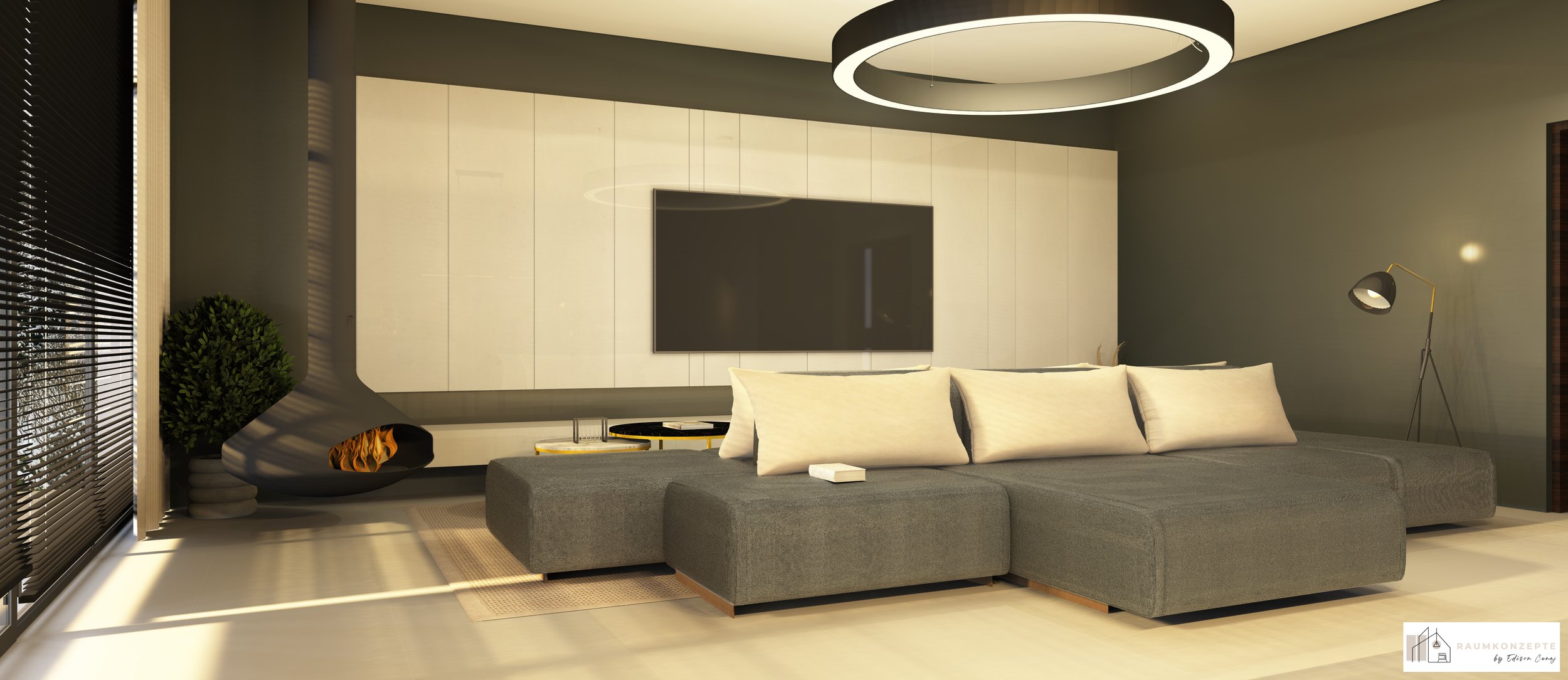 Photorealistische 3D-Visualisierung eines modernen Wohnzimmers mit maßgefertigter TV-Wand, Designer-Kamin, indirekter LED-Beleuchtung und hochwertigem Materialkonzept
