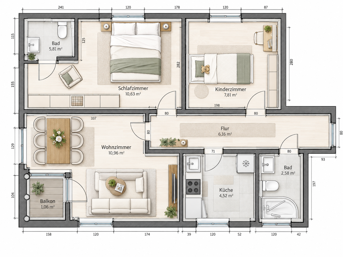 Professioneller 2D-Wohnungsgrundriss mit Raumaufteilung, Möblierung und Maßangaben als Grundlage der Interior-Design-Planung.