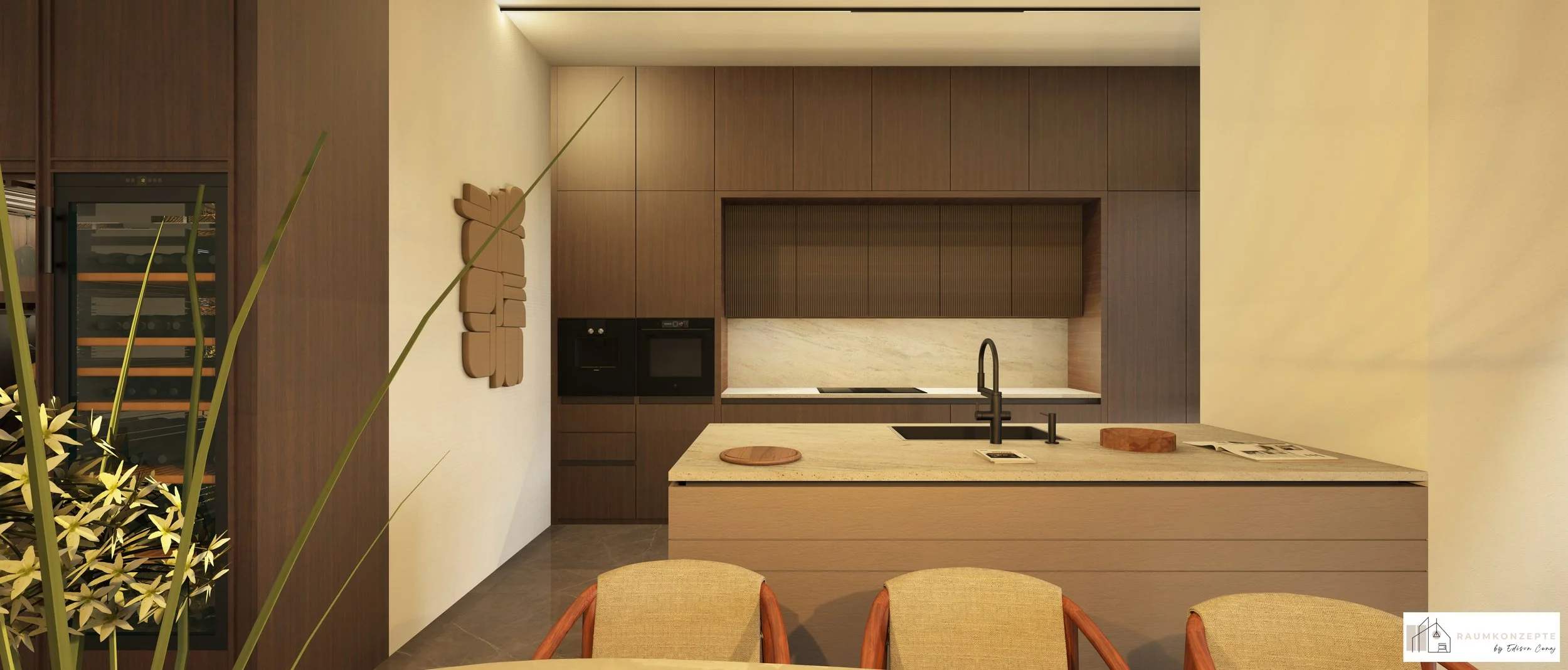 Maßgefertigte Designküche mit Lapacho-Holz, Travertin-Kücheninsel, integrierten Geräten und hochwertiger Materialgestaltung – Interior Design von Raumkonzepte by Edison Cenaj.