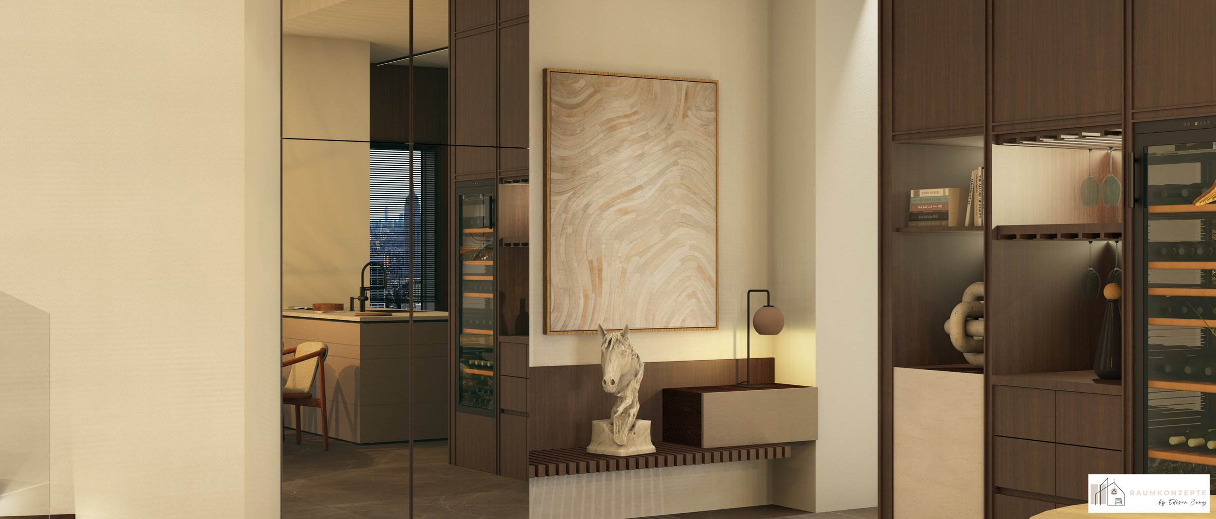 Eleganter Eingangsbereich mit Designer-Konsole, Weinschrank, Wandkunst, indirekter LED-Beleuchtung und maßgefertigten Einbaumöbeln in moderner Luxus-Innenarchitektur von Raumkonzepte by Edison Cenaj.