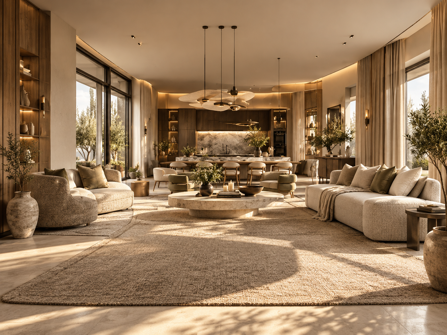 Realistische 3D-Visualisierung eines offenen Wohn- und Essbereichs mit großzügiger Sofalandschaft, Naturmaterialien und moderner Küche.