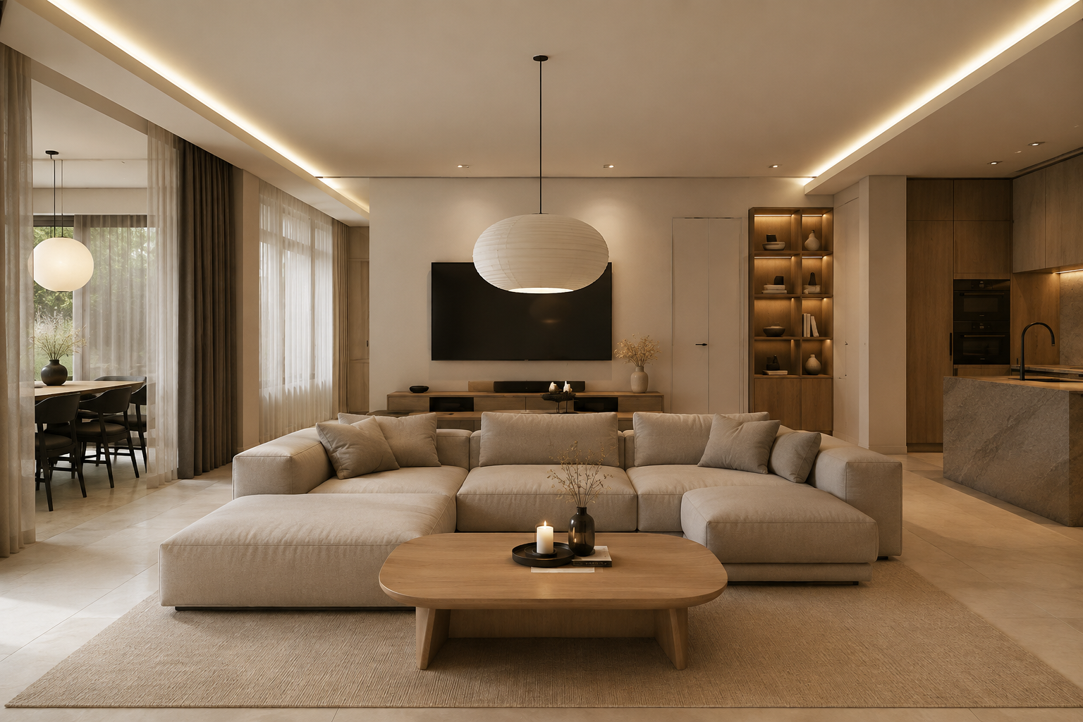 Moderner Wohnbereich mit großzügiger Sofalandschaft, indirekter LED-Beleuchtung, Eichenholz und offenem Grundriss – hochwertige Interior-Design-Visualisierung.